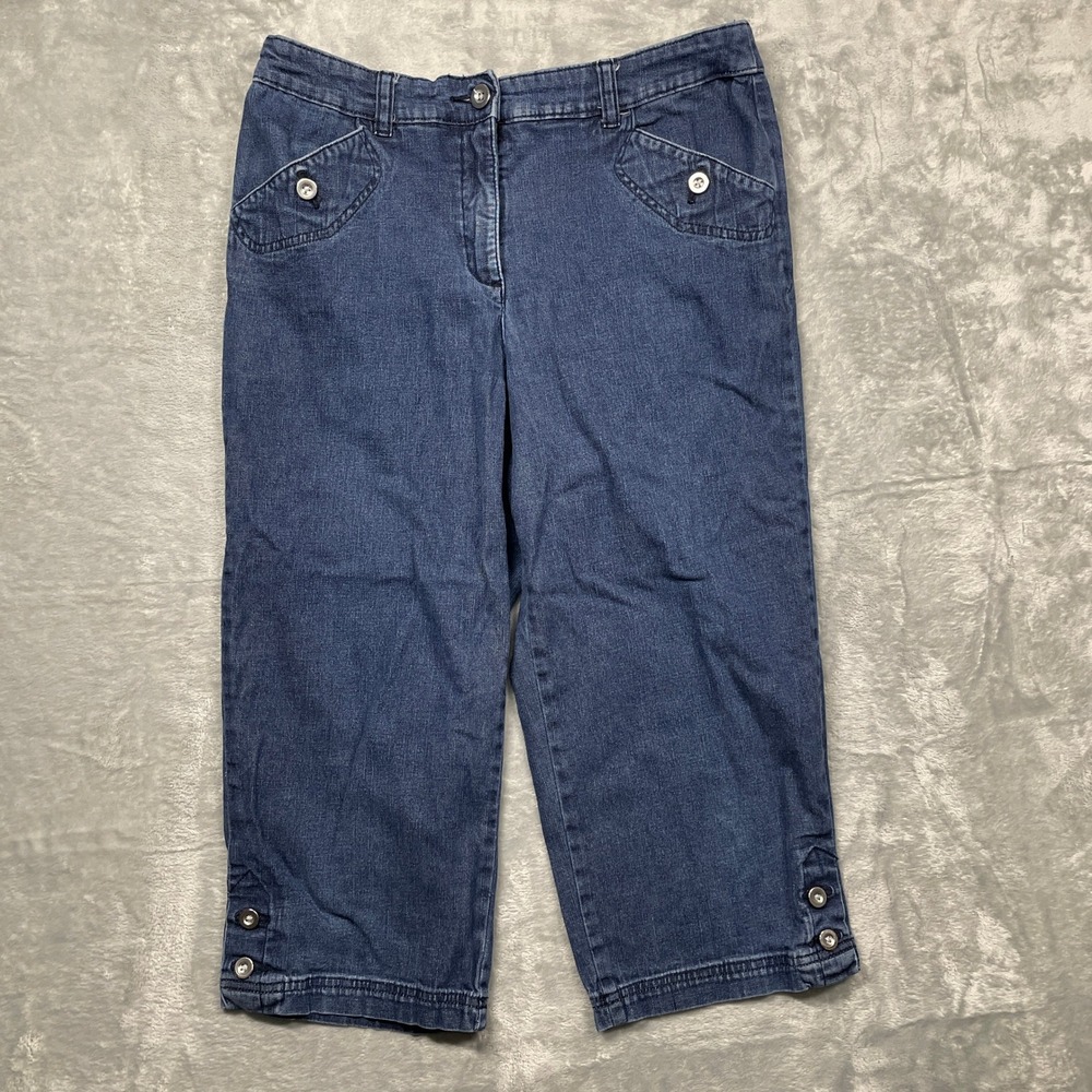 Karen‎ Scott Capri Pants Women 8 Blue Denim Cropped Button Detail Stretch Casual